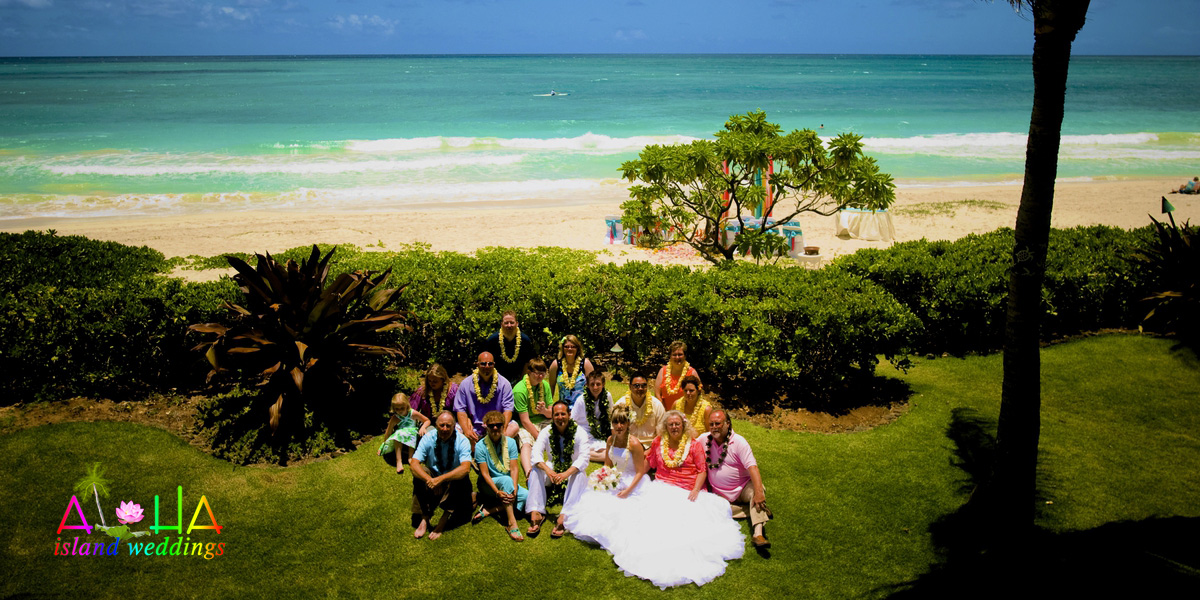 Wedding guests gathered on the lawn of a beachfront estate with the turquoise ocean behind